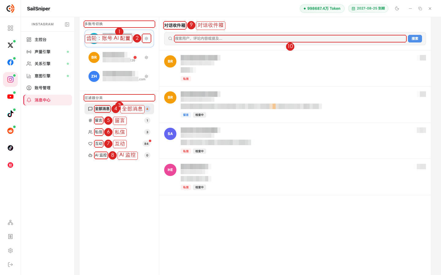 消息中心（编号见下表；账号名与对话内容已打码）