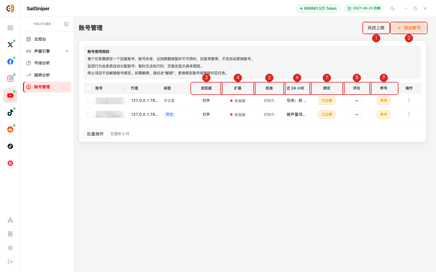 账号管理列表（编号见下表）